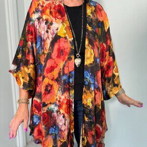 Handmade Silk Floral Knee-Length 3/4 Sleeve Jacket One-Size Fits Most